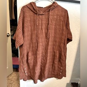 Orange Plaid Button Side Hooded Short Sleeve Summer-Read Top